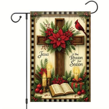 Imagem de Saoplasa Bandeira de jardim de Natal Jesus Is the Reason for the Season Cruz Bíblia Poinsétia 30,5 x 45,7 cm Faixa dupla face para quintal externo para feriado religioso, presépio cristão, decoração