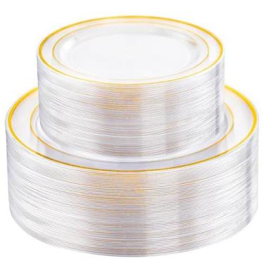 Imagem de Pratos de plástico FLOWERCAT Clear com acabamento dourado 100 unidades