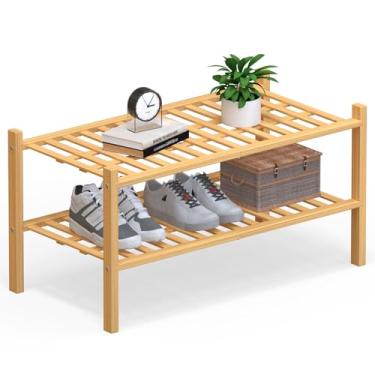 Imagem de Haddockway Organizador grande de armazenamento de sapatos de bambu de 2 níveis, prateleira empilhável multifuncional com painel de grade para armário, corredor, entrada, espaço pequeno 68,5 x 30,5 x
