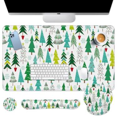 Imagem de Britimes Merry Christmas Tree Conjunto de mouse pad com teclado flocos de neve verde 4 em 1 grande mousepad + teclado descanso de pulso + descanso de pulso do mouse + porta-copos design ergonômico