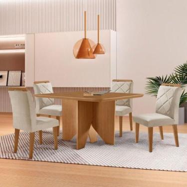 Imagem de Mesa Evora 90 Mdf Com 4 Cadeiras Melissa Veludo Creme Naturalle - MODE
