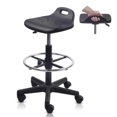 Imagem de KLASIKA Banqueta de rolamento com altura ajustável com descanso para os pés, almofada de assento respirável, bancos giratórios com rodas, banco de trabalho multiuso para loja, tarefa, salão, preto, 1