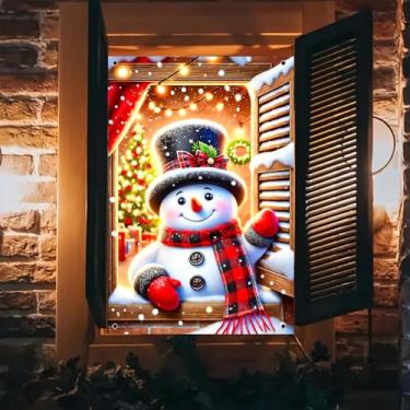 Imagem de BlissYard Capa de janela de Natal, boneco de neve, 78 x 129 cm, decoração de árvore de Papai Noel, decoração de inverno, presente de Natal, painel festivo, cortina de festa
