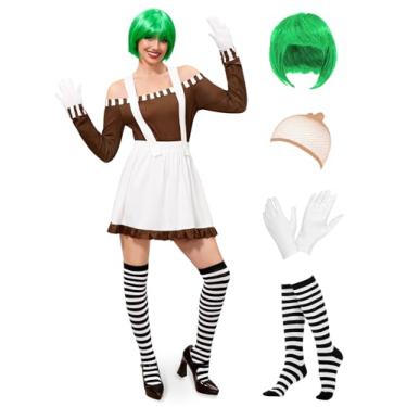 Imagem de Clarisbelle Fantasia feminina de Halloween, 6 peças, blusa listrada marrom e saia branca com suspensórios, Conjunto marrom e branco, GG