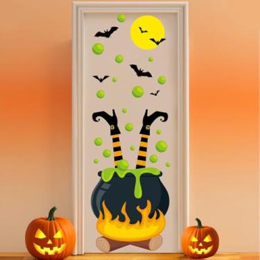 Imagem de Conjunto de decoração de porta de quadro de avisos de Halloween, tema bruxa, sala de aula, quadro de avisos, jarra mágica, recortes de papel de morcego bolha verde para lembrancinhas de festa de bruxa