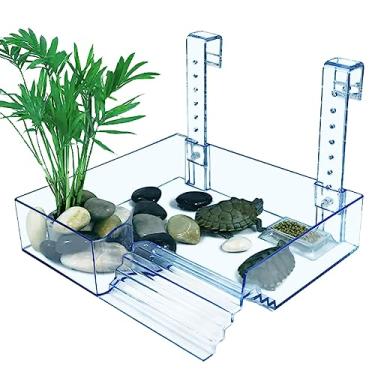 Imagem de La La Pet Plataforma de aquecimento de tartaruga acrílica removível suspensa com guarda-corpo e escada para tartaruga, terraço de descanso, doca de aquário, habitat de répteis, plataforma de