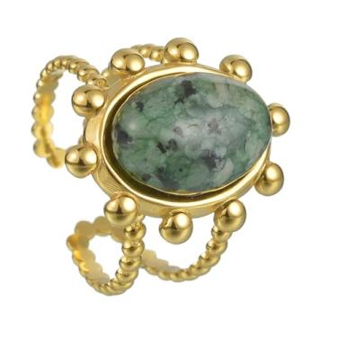 Imagem de LadayPoa Anel turquesa simples, banhado a ouro 18 K, anéis empilháveis Boho ajustáveis para mulheres, aliança de casamento Western Eternity, joia vintage para presente, Aço inoxidável, Aventurina