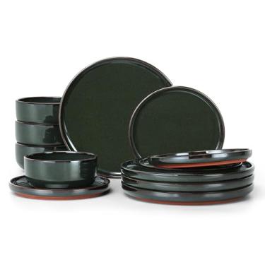 Imagem de E-far Conjuntos de louça de grés para 4, 12 peças de pratos e tigelas de esmalte reativo, pratos elegantes com base de terracota rústica, seguro para lava-louças e micro-ondas, resistente a arranhões