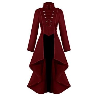 Imagem de Jaqueta medieval steampunk para mulheres, fantasia vintage de Halloween, espartilho gótico, botão, casaco, smoking, uniforme, Vermelho, XXG