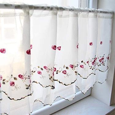 Imagem de LUOFDCLDDD Cortina curta, flores feitas à mão cortina de cozinha bordada, painel de cortina curta de duas camadas, cortina de desacordo/branco/W * H 145 * 58 cm
