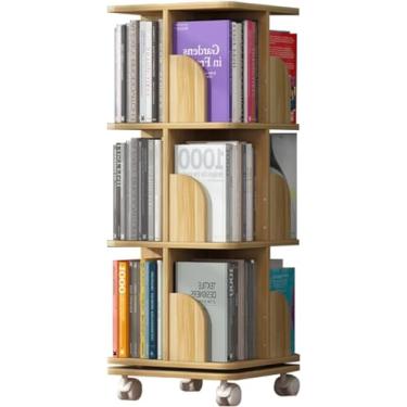 Imagem de PEYNIR Estante rotativa de 3 níveis, armário de armazenamento com exibição de 360°, pequena e exclusiva estante com rodas, estante removível, estante para livros, estante boho