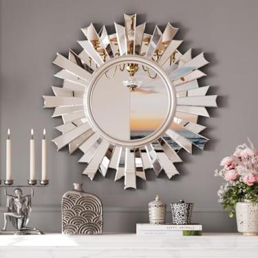 Imagem de PERHOM Espelho circular prateado de 66 cm x 66 cm para decoração de parede, luxuoso espelho de parede Sunburst, espelhos decorativos vintage para sala de estar, quarto, entrada, sala de jantar