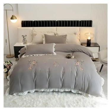Imagem de Conjunto de cama 100% algodão lavado, flores chiques, bordadas, rosa, branco, borda de babados, fronhas elásticas ajustadas (cinza Queen)
