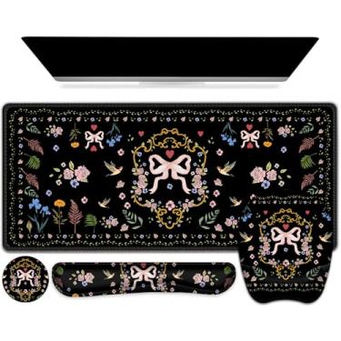 Imagem de Mouse pad com suporte de pulso, conjunto 4 em 1, 2GG grande jogo mousepad + teclado descanso de pulso + base para descanso de pulso + porta-copos tapete de jogos para casa, escritório, trabalho