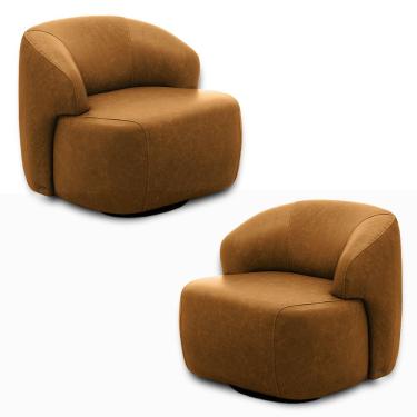 Imagem de Kit 2 Poltronas Decorativas Charlote Sala de Estar Base Giratória em Aço Couro Caramelo Manchado G88 - Gran Belo