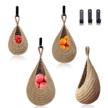 Imagem de MKO SHUN Conjunto de 3 cestas grandes para pendurar frutas, cesta de armazenamento para pendurar na parede Boho para organização, suporte de rede em gota feito à mão para frutas, vegetais em casa e