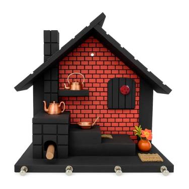 Imagem de Porta Chaves De Parede Artesanal Fornalha Vermelha Em MDF Miniaturas De Cobre Decoração Cozinha E Casa