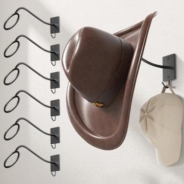 Imagem de Cinati Suporte de chapéu de cowboy para parede, pacote com 6, suporte de chapéu de caubói, suporte de parede, ganchos de metal rústico ocidental, organizador para Fedora, chapéus de sol, aba larga