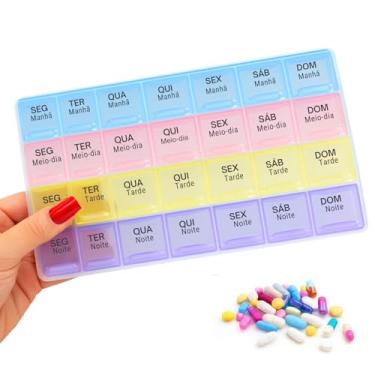 Imagem de Porta Comprimidos Semanal, 4 Horários por Dia, 28 Compartimentos, Caixa Organizadora de Remédios, Vitaminas, Suplementos e Pílulas, Estojo para Medicamentos
