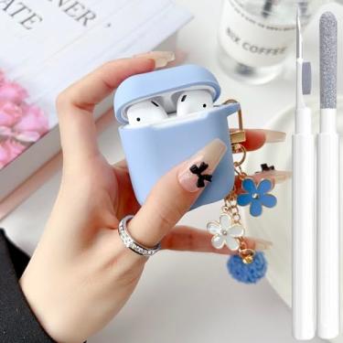 Imagem de Linda capa para AirPods 2ª/1ª geração, capa protetora feminina de silicone macio para iPod 2/1 geração com chaveiro e kit de limpeza, azul celeste
