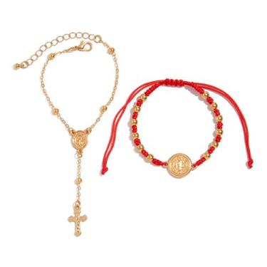 Imagem de QLYOVWE 2 peças crucifixo católico virgem maria rosário pulseira para mulheres banhado a ouro 14K Jesus cruz pilha pulseira religiosa oração amuleto joia presente para confirmação batismo primeira