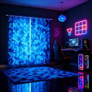 Imagem de Cortina de janela camuflada azul marinho, cortinas geométricas quadriculadas para decoração de quarto, crianças, meninos, adolescentes, estilo mineiro pixelado, tratamento de janela, videogames, 30
