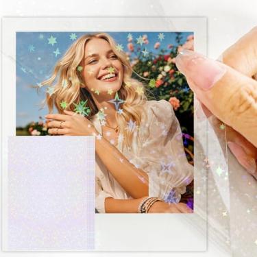Imagem de 6 folhas de papel adesivo holográfico transparente – Adesivos autoadesivos de vinil à prova d'água para vidro, janela, lembrancinhas de festa de outono (estrela)