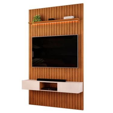 Imagem de Painel Para TV Até 55 Polegadas 1,43m Ripado Autêntico Com Led e Nicho Montreal Madeirado/Off White