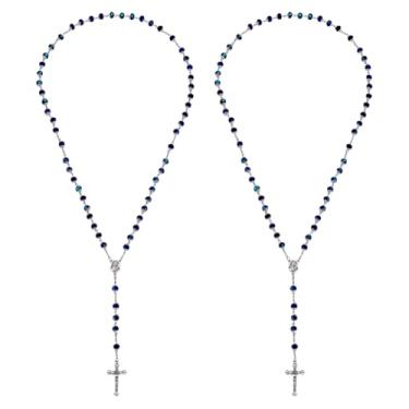 Imagem de GOMAKERER 2 colares de terço para mulheres, colar de cruz de 78 cm de comprimento com rosário azul com pingente de crucifixo para batismo, Natal