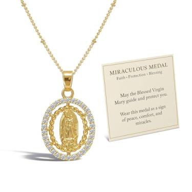 Imagem de Aonklot Colar de medalha milagrosa de ouro com pingente virgem de strass, joias religiosas católicas, meias de Natal, Large, Sem Pedra Preciosa