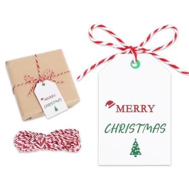 Imagem de BEISHIDA Etiquetas de papel para presente de Feliz Natal, 50 peças de etiquetas Kraft com cordão, etiquetas de nome de Natal de 8,4 x 5,6 cm para sacolas de presente e embalagem de presentes