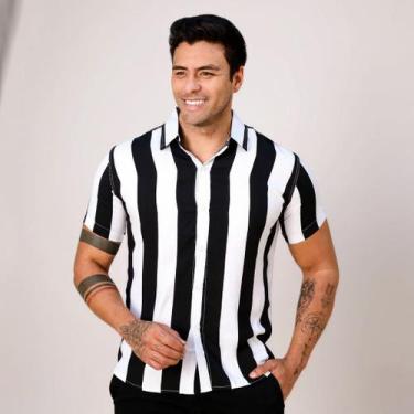 Imagem de Camisa Masculina Listrado Preto e Branco Manga Curta Botão - Volgue, P