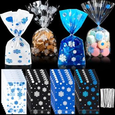 Imagem de Outus 120 unidades de sacos de Natal de celofane, sacos de plástico de Papai Noel com laços torcidos para doces, biscoitos, guloseimas, embrulho de presente, suprimentos de festa de Natal (elegante)