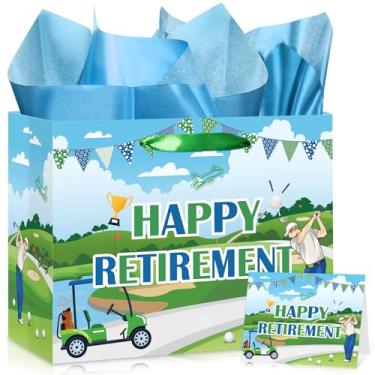 Imagem de Innovoscape Bolsa de presente Happy Retirement, grande roxa e prata, com papel de embrulho e cartão para mulheres, decorações de despedida de festa (golfe)