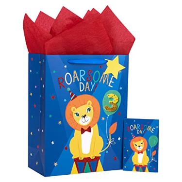 Imagem de Loveinside Bolsa de presente de leão de 3º aniversário com papel de seda, etiqueta de presente azul e cartão comemorativo para meninos, festa, chá de bebê e mais, 25,4 x 12,7 x 33 cm, 1 peça, 3 anos