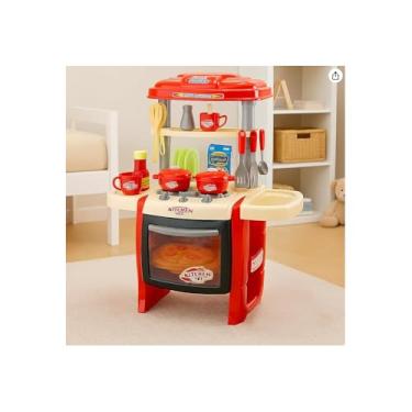 Imagem de Cozinha Infantil Completa, Plástico, Vermelho e Branco, 64x15x83cm, com Geladeira, Fogão, Armário, Exaustor e Utensílios, para Crianças a partir de 3 Anos