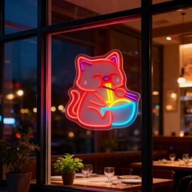 Imagem de Neonawall Noodle Cat Cute Business Neon Sign Open Light Up Letters Led Sign for Wall Decor Door Signs Led Decorative Night Signs Decorations for Restaurant Billboard Grand Opening Gift Home Kitchen
