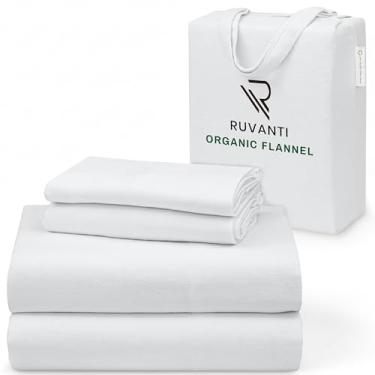 Imagem de RUVANTI Lençóis de flanela Queen Size – Certificado GOTS, 100% algodão orgânico, conjunto de 4 peças quentes, macias e respiráveis, bolso profundo, ajuste confortável, escovado duplo para todas as