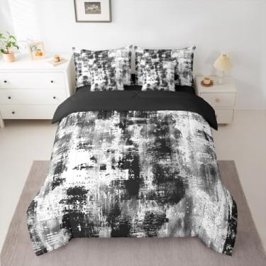 Imagem de Feelyou Conjunto de edredom Queen, abstrato, 7 peças, arte abstrata, moderno, preto, branco, em uma bolsa com edredom, lençóis, fronhas, capas de almofada, decoração de quarto de luxo, geométrico