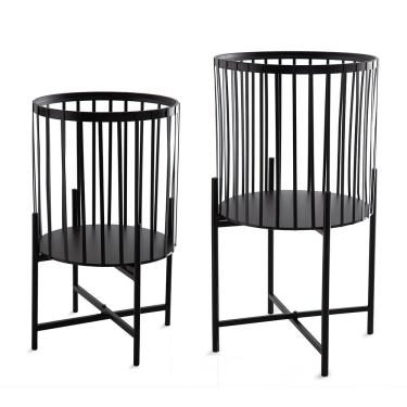 Imagem de Kit 02 Cachepot Metalico Ripado Preto Com Suporte M02 - D'Rossi