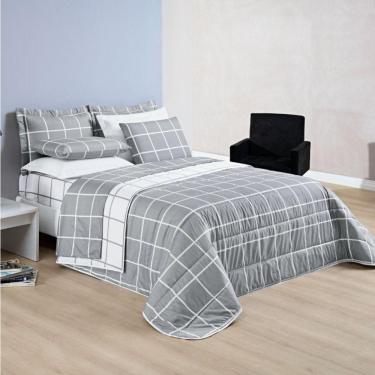 Imagem de Cobre Leito Casal Padrão Austin Micropercal 200 Fios Dupla Face - 3 Peças Cor Xadrez Cinza