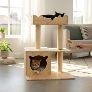 Imagem de MRKHO Torre de árvore moderna para gatos, 120 cm de altura, madeira natural e creme, 3 níveis com caverna, almofadas de pelúcia, postes para arranhar