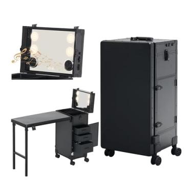 Imagem de Mesa de manicure portátil com 3 gavetas, estojo de maquiagem trancável com espelho e organizador de esmalte, mesa dobrável para unhas com rodas e alça para uso em salões de beleza, preta