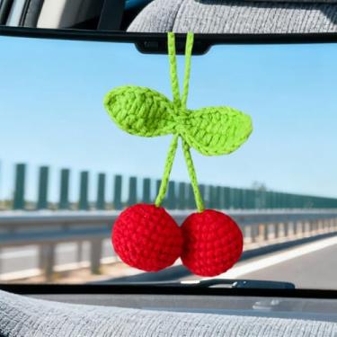 Imagem de Acessórios de carro de cereja em crochê, acessórios de pendurar retrovisores de cereja fofos acessórios de pendurar tricotado à mão para espelho de carro, ornamento, berloques, presente feito à mão