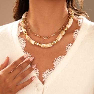 Imagem de Colar de resina de bambu de camada dupla, colar feminino com clipe de papel branco e cinza, joia diária, One Size, Metal Resina, Sem Pedra Preciosa