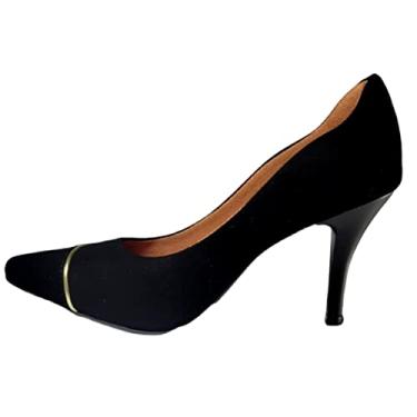 Imagem de Scarpin Preto Salto Fino 8cm Elegante Nobuck Filete Dourado - Preto - 39