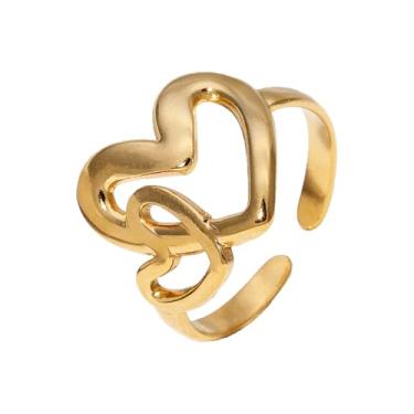 Imagem de OIDIMS Anéis ajustáveis de coração duplo de amor para mulheres, aço inoxidável, compromisso, amor, noivado, aliança aberta de casamento, anel de dedo delicado eternidade, joia de aniversário para