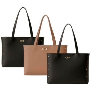 Imagem de Bolsa Feminina Sacola Grande Kit Com 3 Peças Universitária De Ombro (Preta-Amêndoa-Preta)