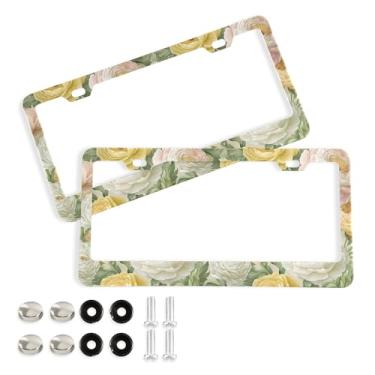 Imagem de SEHANY Molduras de placa de licença de flores florais coloridas, capas de moldura de placa de carro de alumínio à prova de ferrugem com orifícios elípticos e parafusos serve para veículos padrão dos