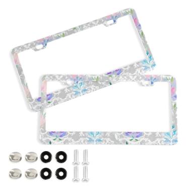 Imagem de SEHANY Molduras de placa de licença de flores florais coloridas, capas de moldura de placa de carro de alumínio à prova de ferrugem com orifícios elípticos e parafusos serve para veículos padrão dos